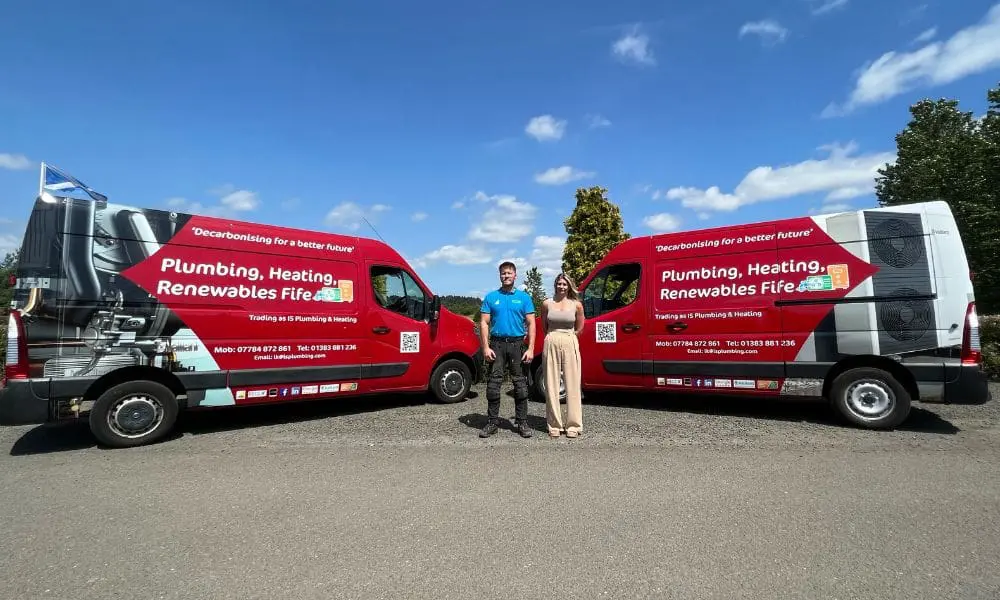 IS Plumbing and Heating Website Design - Kerry and Ian in Front of Two Vans - Web Design and SEO Company Limited