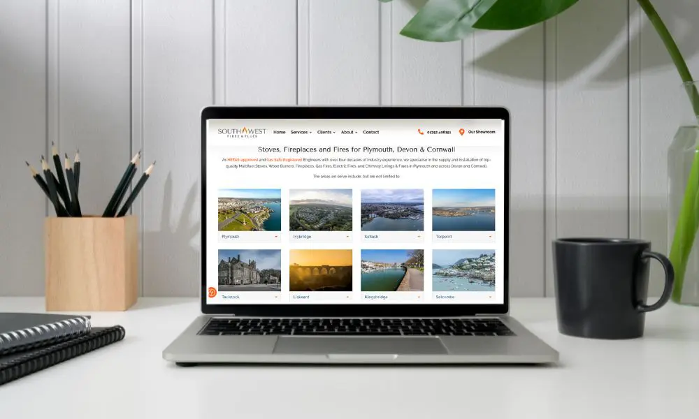 South West Fires and Flues Website Design - Areas We Serve Page - Web Design and SEO Company Limited