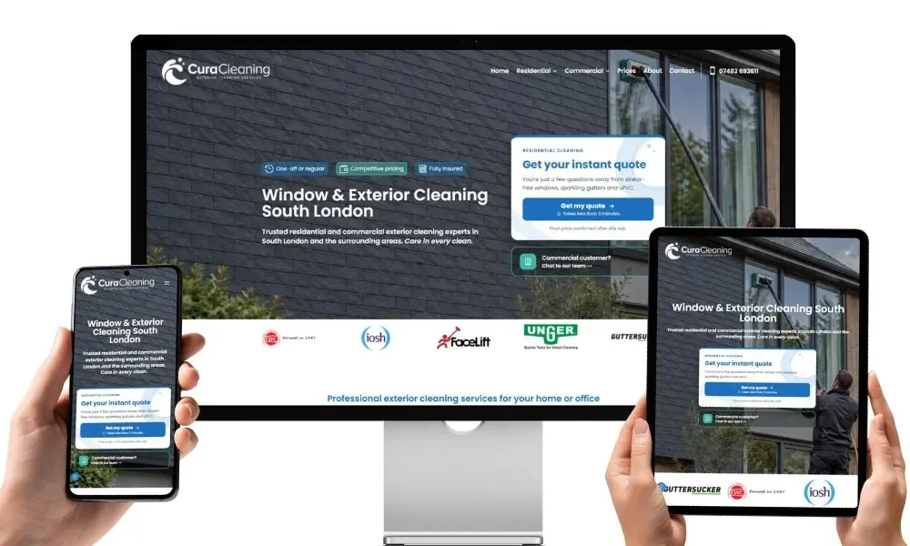 Small business web design for Cura Cleaning, shown in a website portfolio mockup