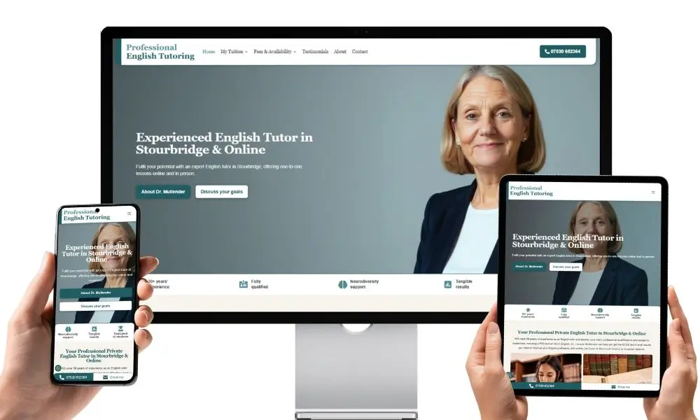 Small business web design for Professional English Tutoring Ltd, shown in a website portfolio mockup